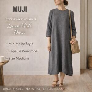 Muji Midi Dress Grey Linen Long Sleeve Relaxed Minimalist SZM Luxe Boho